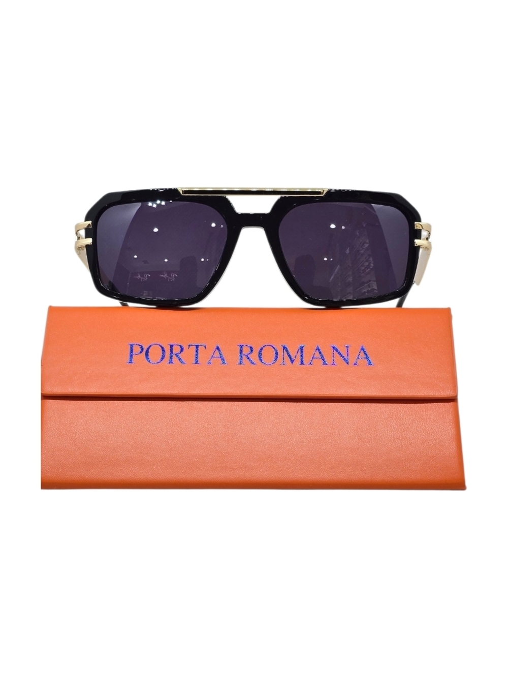 Porta Romana Black Frame Sunglasses with gray Lenses and Gold Accents
